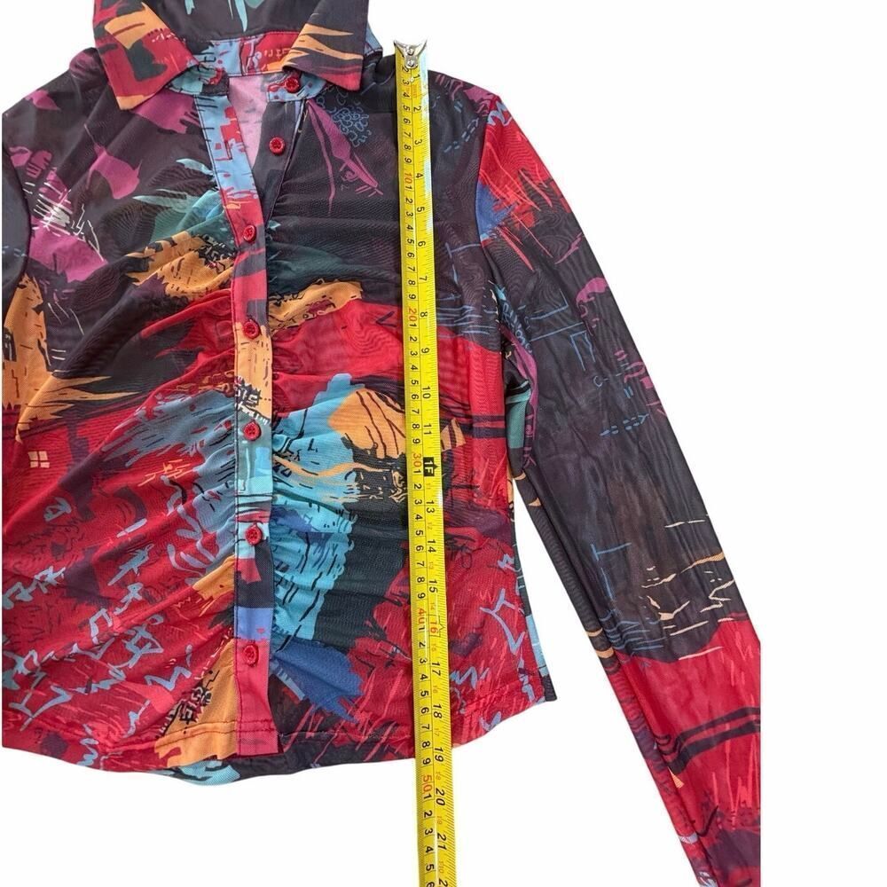 Abstract Y2K Art to Wear Colorful Vibrant Artsy Ruched Button Up Blouse Women XS - Picture 9 of 11